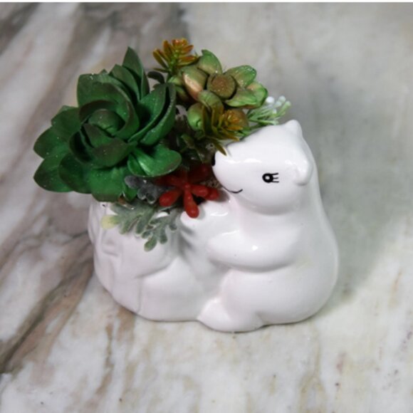 Small ceramic polar bear planter  w/Sola festive hand-painted Sola succulents - Picture 2 of 8